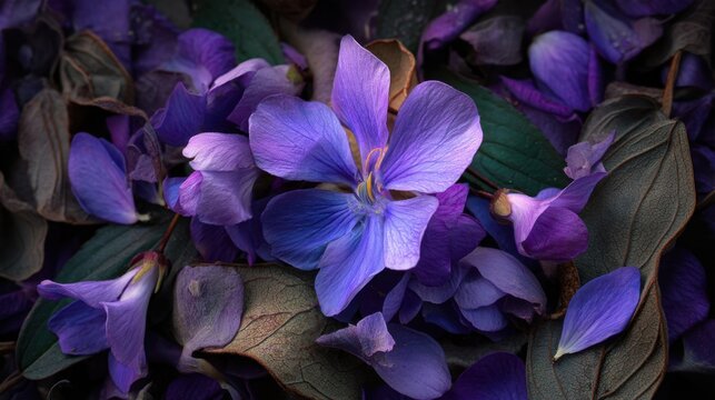 Bright purple flowers are scattered among deep green leaves showcasing their vivid colors. This natural display captures the beauty of spring in a tranquil garden. - Powered by Adobe