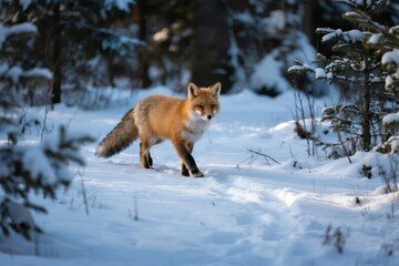 Naklejka premium Red fox walking through a snowy forest in winter