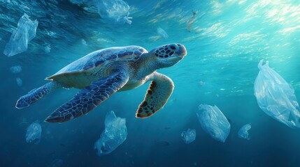 Obraz premium A sea turtle glides gracefully through bright ocean water navigating around floating pieces of plastic. The sunlight filters down illuminating the scene highlighting environmental challenges.