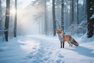 Naklejka premium Red fox standing in a snowy forest path with sunlight filtering through trees