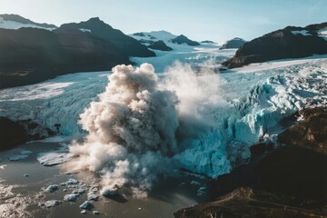 Glacier calving event with large ice chunk breaking off and crashing into water, creating a massive splash and plume of mist in a mountainous glacial landscape.