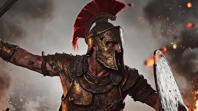 Cinematic Ancient Greek Warrior in Bronze Armor with Detailed Helmet and Shield 8K Video
