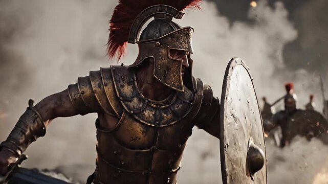 Hyper-Realistic Spartan Soldier Fighting and Walking in Stormy Battlefield Environment

