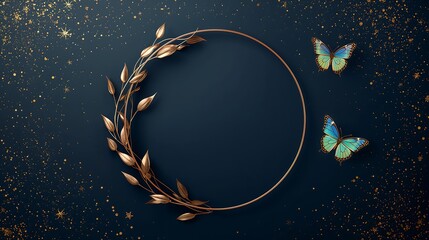 Elegant gold wreath with butterflies and gold glitter on dark blue background