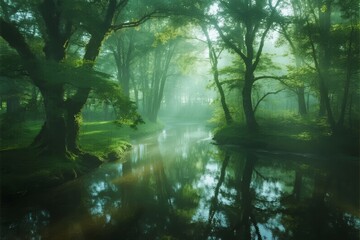 Sunlight filtering through dense forest canopy over a calm river with reflective water surface
