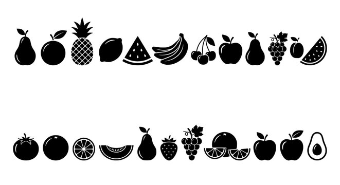Two Rows of Black Fruit Silhouette Icons in Vector Style