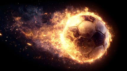 Fototapeta premium Fiery Soccer Ball Ignites the Night Sky in a Dramatic Display.