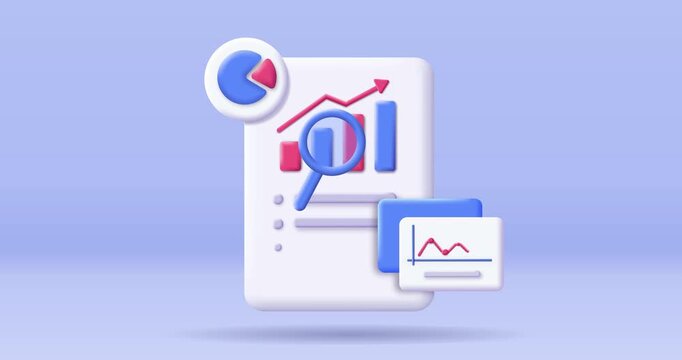 3D analytics concept. Moving banner with statistical data, charts, and graphs on financial report document. Annual business report. Cartoon animated graphics in plasticine style