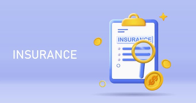 3D Insurance concept. Moving banner with Magnifying glass near insurance plan document, shield and flying gold coins. Contract for safety and protection. Cartoon animated graphics