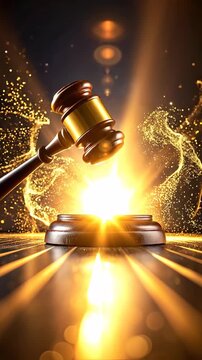 Golden Gavel on Wooden Sounding Block with Sparkles and Bright Light in Dramatic Legal Setting