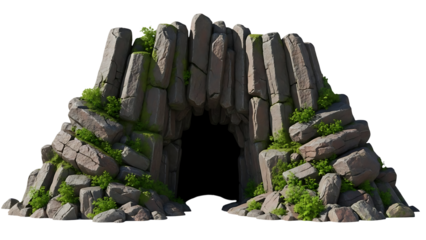Cave entrance formed by large jagged rocks and lush green foliage, isolated on a transparent background for fantasy and adventure themes