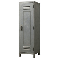 Metal locker with vented door and handle, simple design for secure storage in industrial or school settings