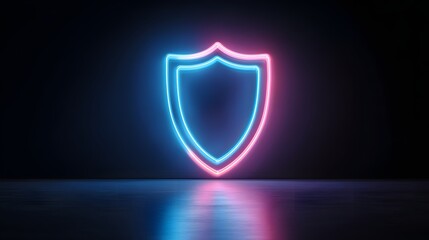 Glowing Neon Shield Symbol on Dark Background with Reflections.