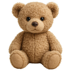 Obraz premium Soft brown teddy bear with curly fur and shiny eyes sitting upright, evoking warmth and comfort for children and collectors