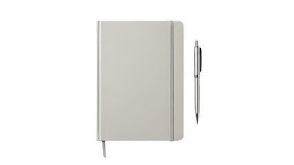 Closed grey notebook with elastic band and bookmark, next to a sleek silver pen, isolated on white for journaling and planning