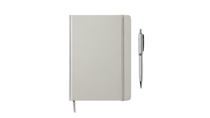 Closed grey notebook with elastic band and bookmark, next to a sleek silver pen, isolated on white for journaling and planning