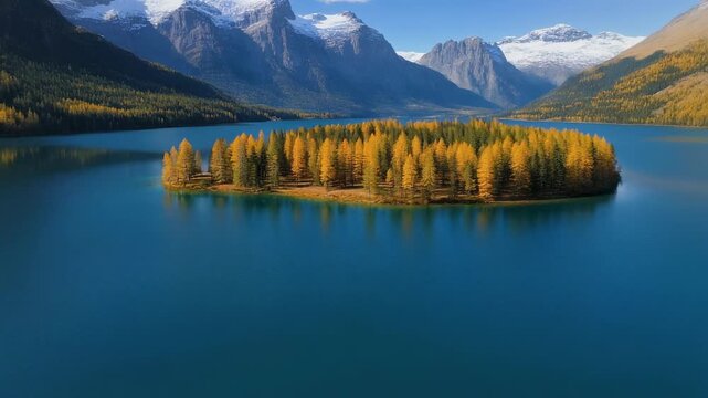 Iconic spirit island with golden autumn larches on maligne lake in jasper national park. Breathtaking canadian rockies landscape for travel and tourism concepts on a sunny day
