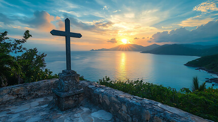 A cross is on a rock near the ocean