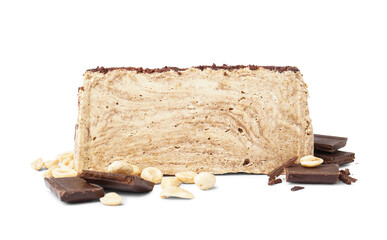 Piece of tasty marble halva with chocolate and peanuts on white background
