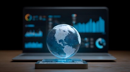Holographic Earth Globe Floating Above Smartphone Displaying Financial Data.