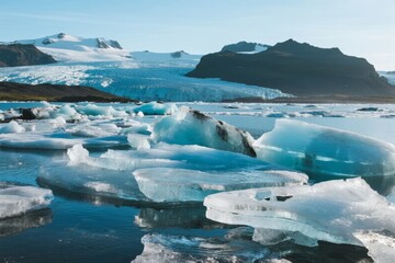 Glacial icebergs floating in a calm fjord with snow-capped mountains in the background under a clear blue sky