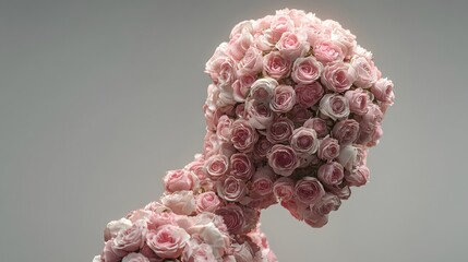 Human Head Sculpture Formed Entirely From Delicate Pink Roses.