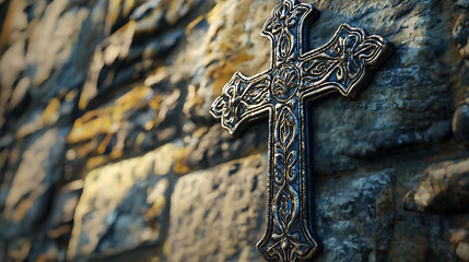 A cross is on a stone wall