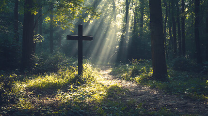 A cross is in the middle of a forest