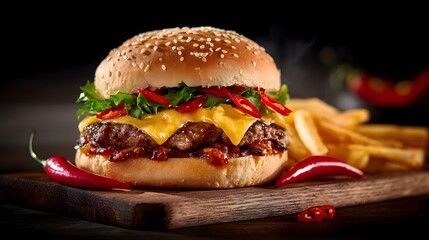 Juicy Gourmet Burger with Melted Cheese and Spicy Chili Peppers, Served with Golden French Fries.
