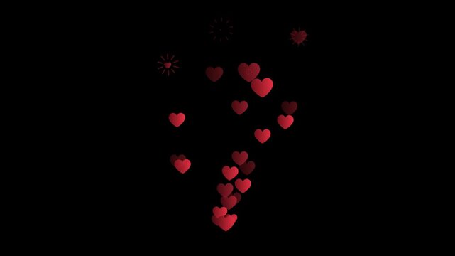Floating fountain of red hearts. Stream reactions in social media. Follower like support. Love button emoji motion graphic. Design on dark alpha channel. Flat graphic animated footage