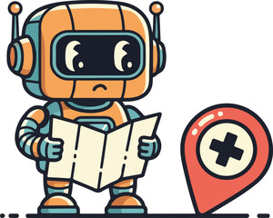 Cute Lost Robot Character Holding Map Near Error Location Pin Vector Illustration