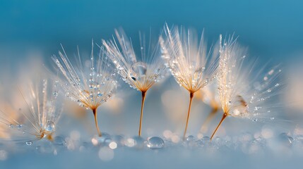Macro Shot of Dandelion Seeds with Water Droplets on a Blue Background.
