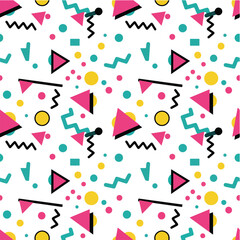 Seamless Memphis Style Vector Pattern with Colorful 80s Geometric Shapes