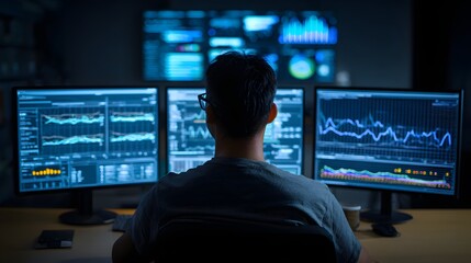 Man in Dark Room Analyzing Complex Data on Multiple Computer Screens.