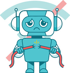 Sad Robot Character Holding Broken Cable. Vector Illustration.