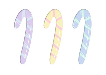 Set of cute pastel candy canes. Paper cut style Christmas lollipops isolated on white background.