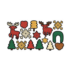 A festive assortment of wooden christmas ornaments and shapes on a white background