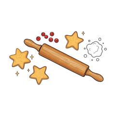 A delightful illustration of star-shaped cookies and a wooden rolling pin, perfect for festive baking projects.