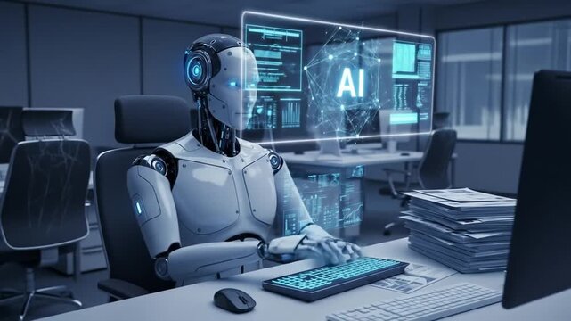 A humanoid robot functioning as an AI agent symbolizes agent autonomy and the automation of work by machines. 4k video
