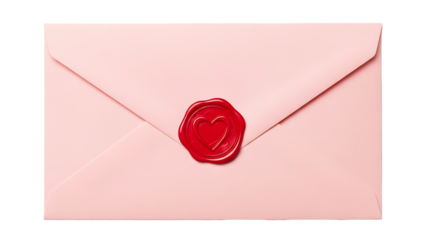 Pink envelope with red wax seal isolated on transparent background. Romantic stationery for love letters and special occasions.