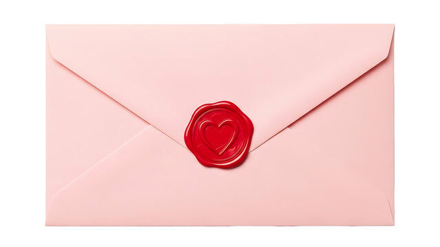Pink envelope with red wax seal isolated on transparent background. Romantic stationery for love letters and special occasions.