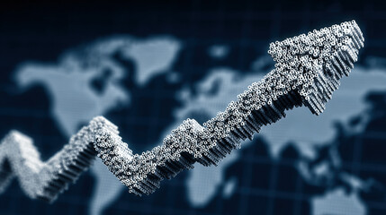 upward trending graph made of digital data points with a world map background.