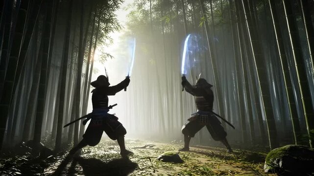 Two samurai men holding katanas in a bamboo forest, preparing and engaging in a dramatic sword fight, ancient warrior combat concept.