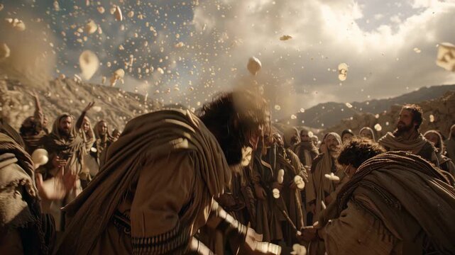 Biblical scene of manna falling from heaven to feed Israelites in the desert.