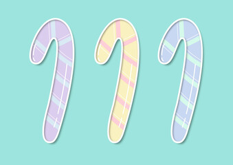 Kawaii Christmas stickers collection. Pastel candy canes in paper cut style with white outline and 3d effect.