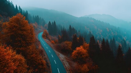 Scenic Autumn Mountain Road Winding Through Colorful Forest.