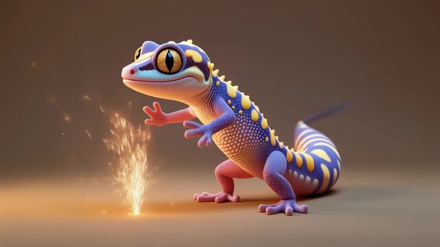 A cute, cartoon-style gecko with vibrant purple and yellow spots, standing with a magical spark near its paw.