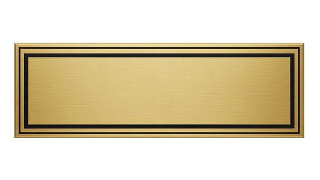 Gold nameplate isolated on transparent background. Blank metallic plaque with black border for professional labels and commemorative design.
