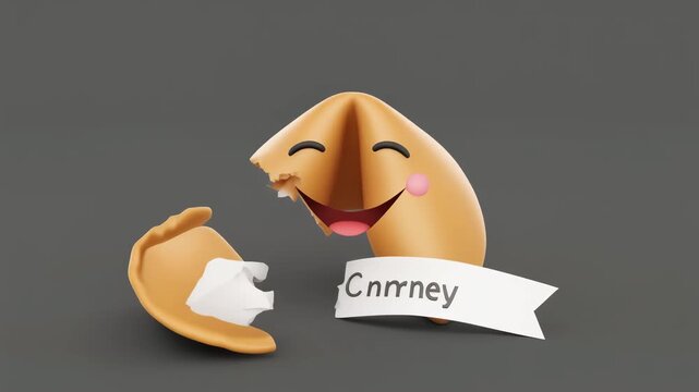 A broken fortune cookie with a happy cartoon face and a paper slip saying 'Cnrney' on a grey background.