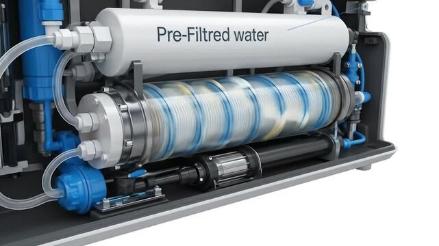 A reverse osmosis unit that filters water, showing the complex filtration process and the resulting pure water. Ideal for illustrating water purification and clean water technology. 4k video